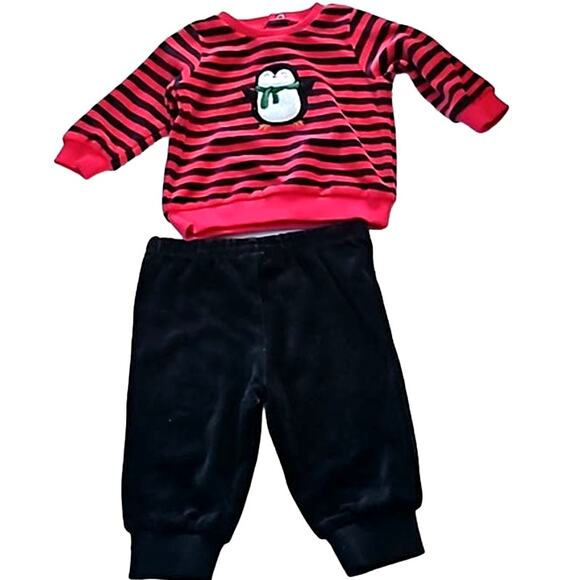 Little Me Boys 2-Piece Red & Black Penguin Striped Set – Size 6 Months - Picture 2 of 6
